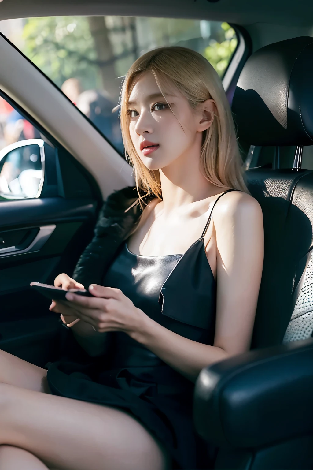 a beautiful blonde girl, detailed facial features, detailed eyes and lips, gorgeous girl, girl in car, girl in black dress, driving a car, detailed car interior, leather car seats, sunlight through car window, cinematic lighting, vibrant colors, photorealistic, 8k, high quality, hyper detailed