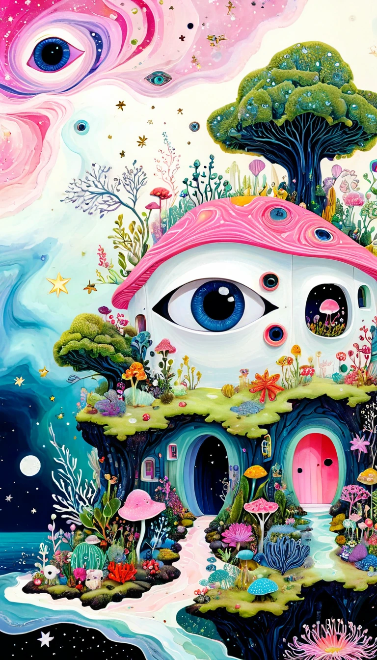 Bud Cottage，microorganism、Small animals，plant、Marine life、Eye、Starry Sky，Stitching together an abstract painting，Describing the inner world of autistic people，Sense of space，White Space，interesting，Innocence，Psychedelic Art，Abstract Art，Montage Art，Layered art，Pink theme