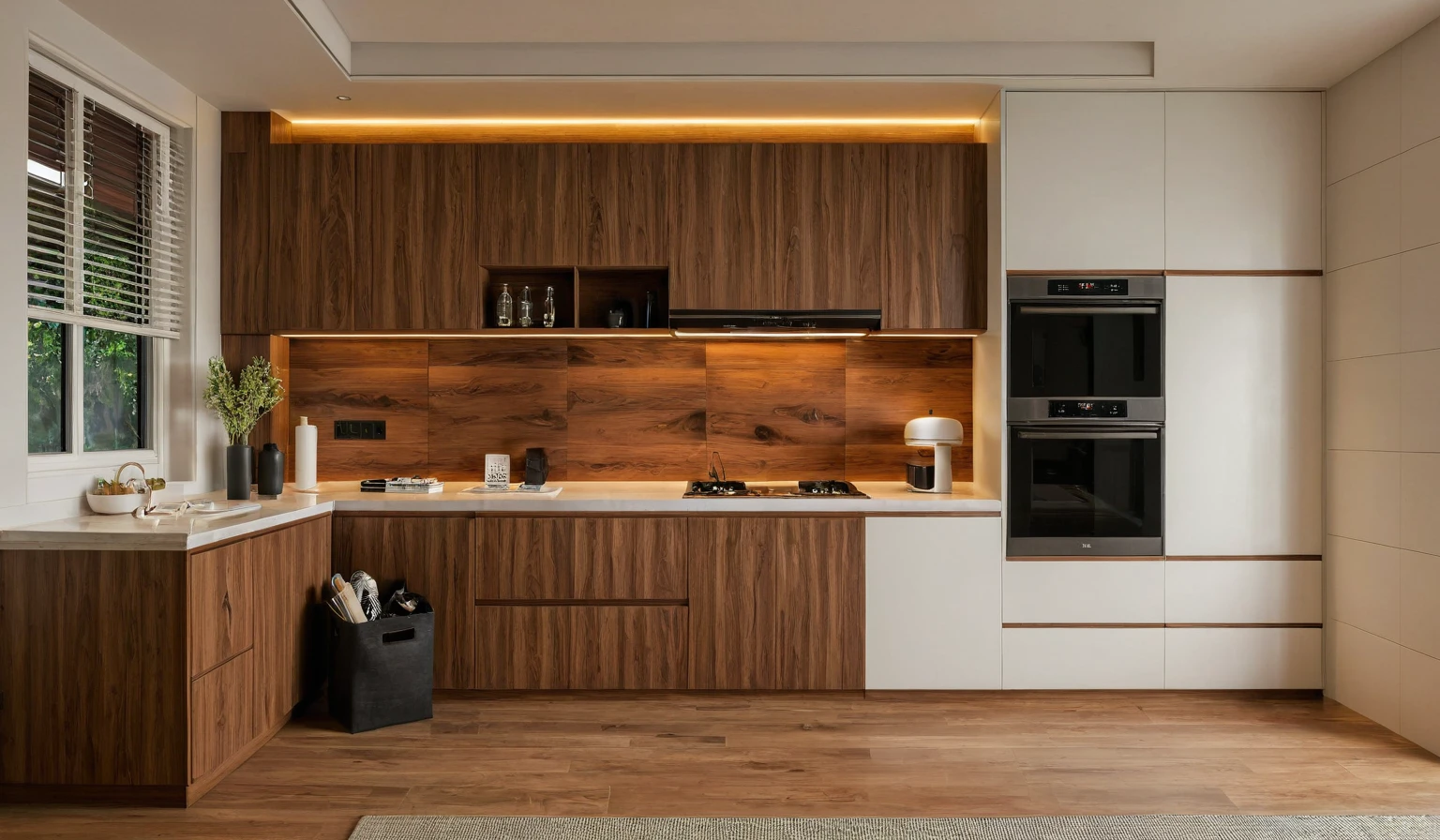 Raw photo,Masterpiece, high quality, best quality, authentic, super detail, interior, indoors, style Indochine modern, minimalist line, aiaigroup , wooden, walnut veneer wood, led light, white paint wall, sofa, BED RooM, day light,