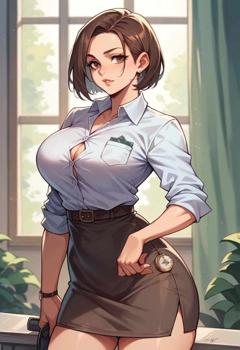 ol professional woman,shirt,Professional hip wrapped skirt,Short Brown Bob,Large Breasts,Hold the file,Exciting appearance
