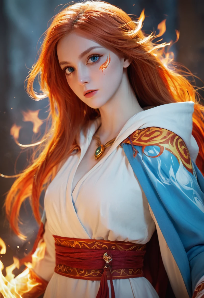 An outstanding painting of a beautiful white girl, flaming, Surrounded by flames, dota2 fire girl style, Ghost knife wind, Fire-like hair, Long red hair, watery blue big eyes, Thin waist, Wide hips, Mage Robes, Magical colors, World of Warcraft style, Provided by Blizzard Entertainment, Ultra HD, 8K, Real skin texture, The best light, The best shadow, Lina in dota2, action, Wizarding World, Top view, Little mouth, Small nose, big eyes, Lovely