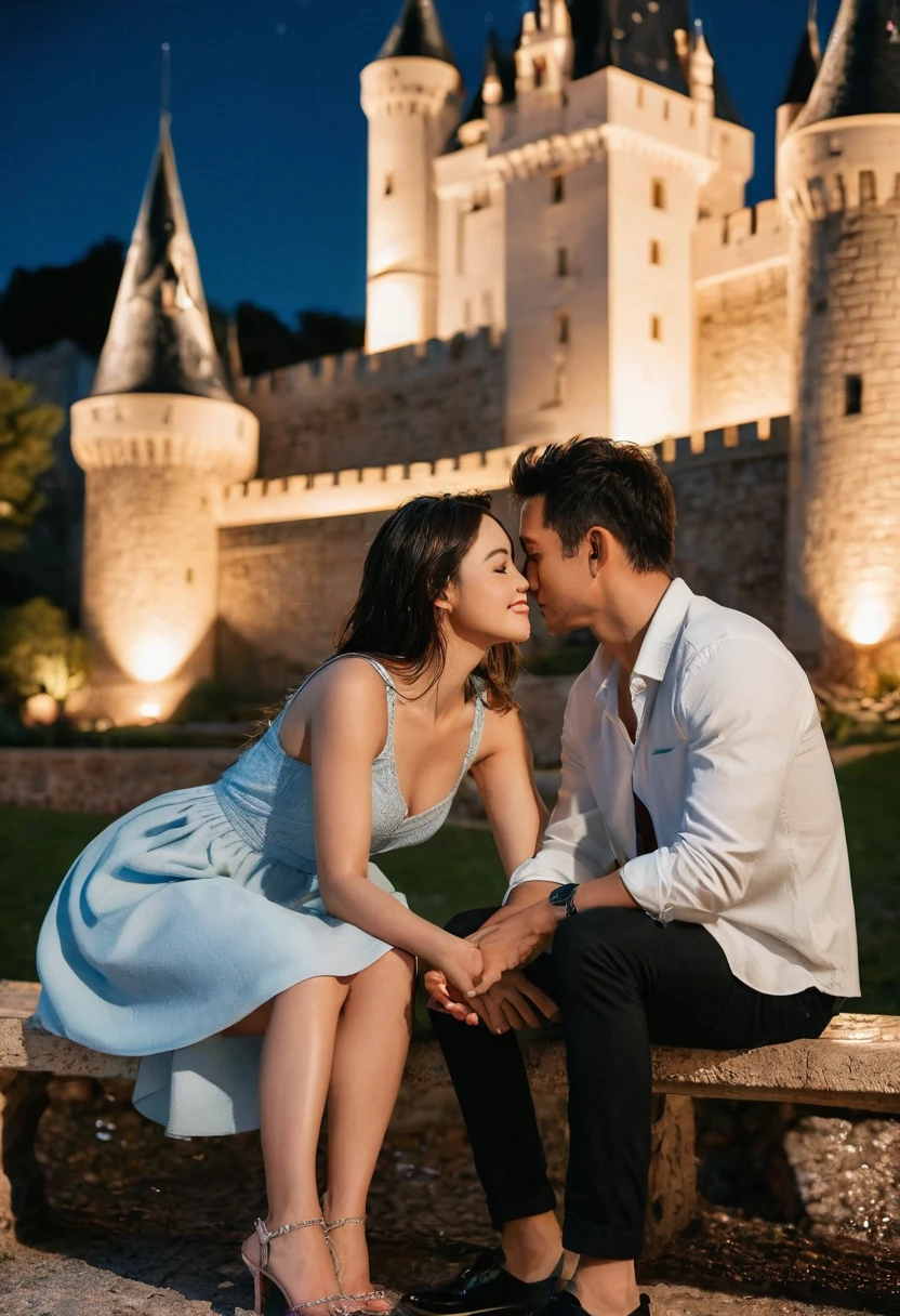 Intimate and high-quality photos oF (couple:1.2), Sit down (bench:1.1), (Enchanting Light:1.1), Sexy, Passionate, Delicate and meticulous, (Sweat:1.1) and (Sparkling water drops:1.1), Castle Background, Sony Alpha 7R IV Camera, Digital photo, F/2.8 Lenses, Black and Red, , Too many realistic textures, Social Media Trends, Night Light