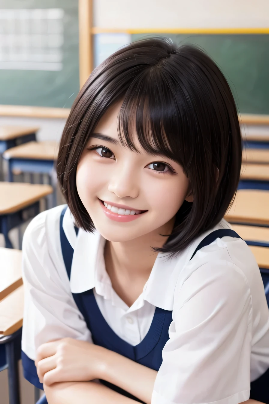 Highest quality、high school girl、 Black Hair、Short Haircut、smile、Beautiful teeth alignment、、Intricate details, Very detailed:1.2), 、 Looking into the camera,The background is the classroom
