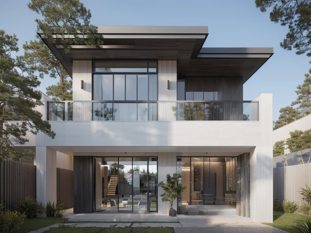 RAW photo, subject, 8k uhd, dslr, soft lighting, high quality, film grain, Photo of a modern villa, modern architecture, simple facade, glass railing, trees, skylight, palm tree, gray stone walling,  wooden, (realistic:1.4), (masterpiece:1.4), ceiling wood, (white painted wall:1.3), (daylight:1.4), (sunlight:1.4) yard, grass