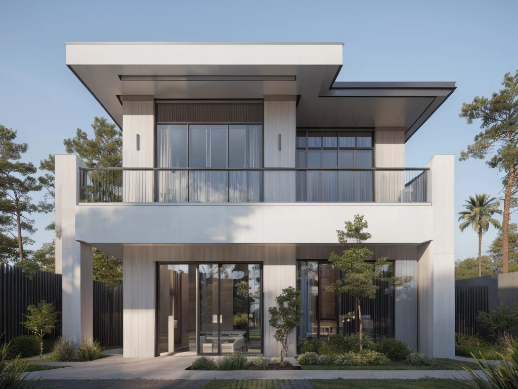 RAW photo, subject, 8k uhd, dslr, soft lighting, high quality, film grain, Photo of a modern villa, modern architecture, simple facade, glass railing, trees, skylight, palm tree, gray stone walling,  wooden, (realistic:1.4), (masterpiece:1.4), ceiling wood, (white painted wall:1.3), (daylight:1.4), (sunlight:1.4) yard, grass