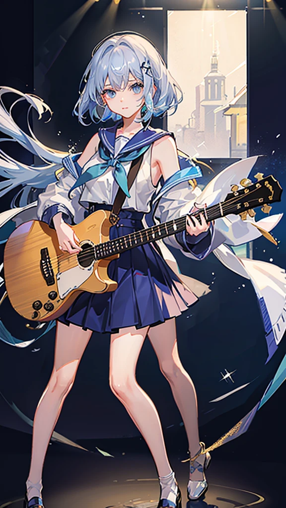 I have a guitar、The background is the stage of the hall.、Crystal clear light blue hair、Her hair is gradated and white from the hairline to the middle.、Hair length is up to the knees、A shiny, light blue sailor suit、The hair ornament is glittering gold.、Silver hair ornament、She has big breasts、Adult face、
