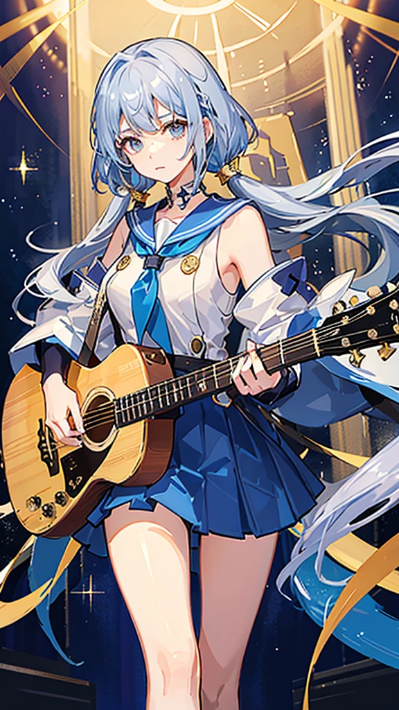 I have a guitar、The background is the stage of the hall.、Crystal clear light blue hair、Her hair is gradated and white from the hairline to the middle.、Hair length is up to the knees、A shiny, light blue sailor suit、The hair ornament is glittering gold.、Silver hair ornament、She has big breasts、Adult face、