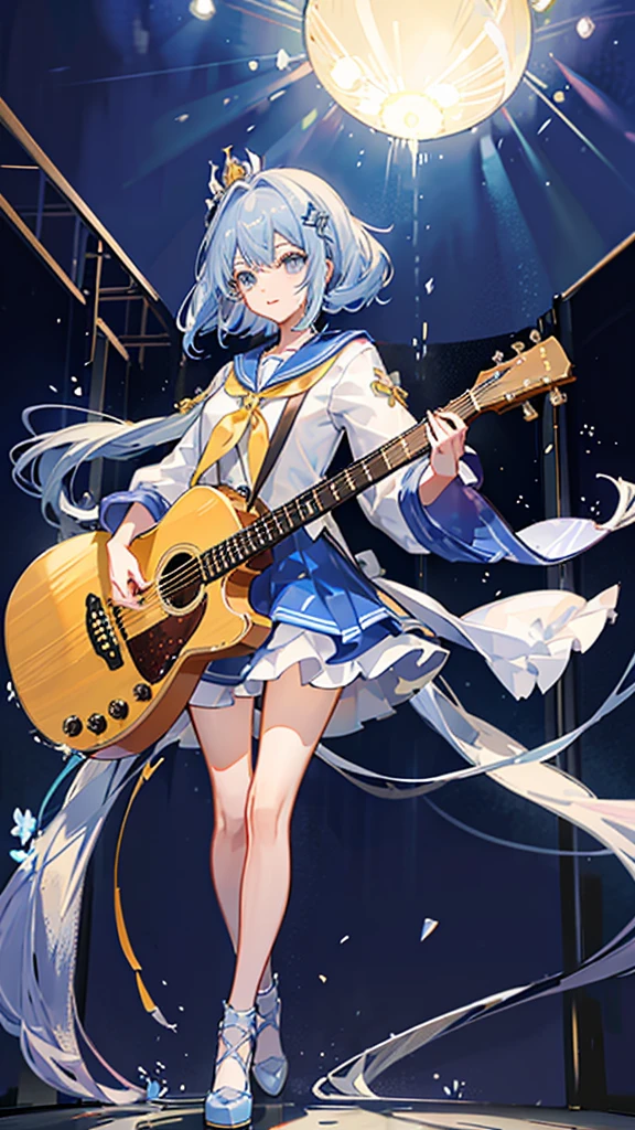 I have a guitar、The background is the stage of the hall.、Crystal clear light blue hair、Her hair is gradated and white from the hairline to the middle.、Hair length is up to the knees、A shiny, light blue sailor suit、The hair ornament is glittering gold.、Silver hair ornament、She has big breasts、Adult face、