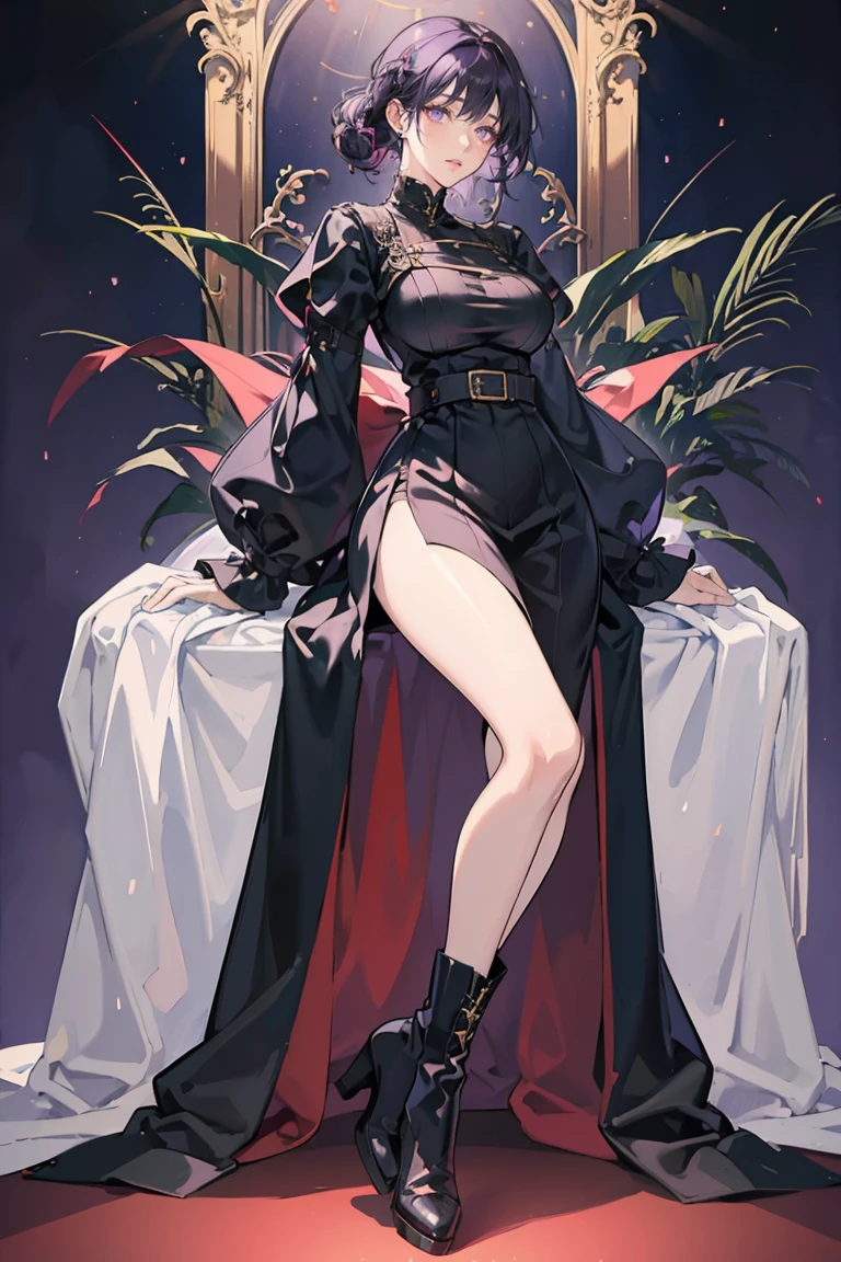 anime - (masterpiece), best quality, seductive eyes, face, dark purple eyes, short length dark purple hair, plain black long sleeve, white long skirt, high-heel black boots, tall woman, long legs, adult-like female, 1girl, big breastnant pos