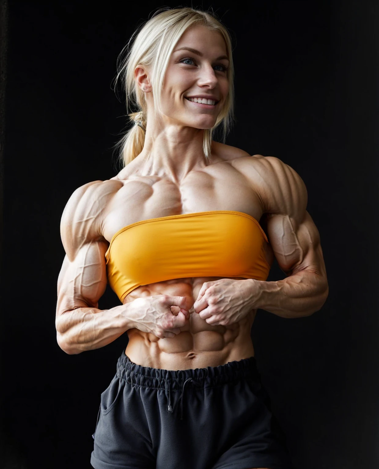 ripped, sixpack abs, big biceps, smile, beautiful, breathtaking, ripped defined biceps, muscular arms, muscular forearms, muscular abs, pecs, blonde age girl, massive muscular legs, femine look, cute girly face,
