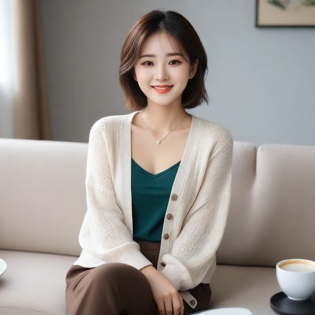 Beautiful Korean Woman , 32 inch chest size, Your eyes are big and pretty. Wearing a cardigan with a blouse, casual pants, short medium hair, Smile. necklace, sit on the sofa , coffee on the table, uhd