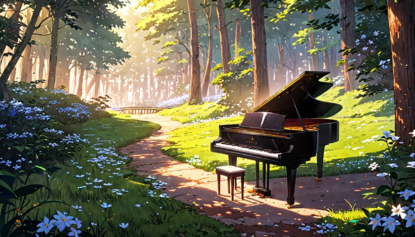 There is a piano on the forest path, Anime Background art, Beautiful peaceful scene in anime, Anime Art Wallpapers 8K, Background artwork, Anime Rush John 8k Woods, Relaxing concept art, anime nature wallpapers, anime art wallpaper 4k, anime art wallpaper 4k, arte koto no ha no niwa, Beautiful anime scenery, Anime Background、Gardenia flower
