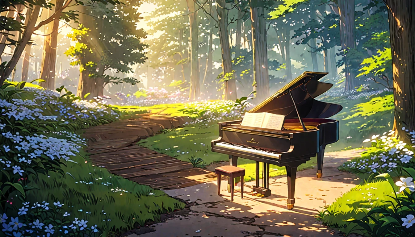 There is a piano on the forest path, Anime Background art, Beautiful peaceful scene in anime, Anime Art Wallpapers 8K, Background artwork, Anime Rush John 8k Woods, Relaxing concept art, anime nature wallpapers, anime art wallpaper 4k, anime art wallpaper 4k, arte koto no ha no niwa, Beautiful anime scenery, Anime Background、Gardenia flower