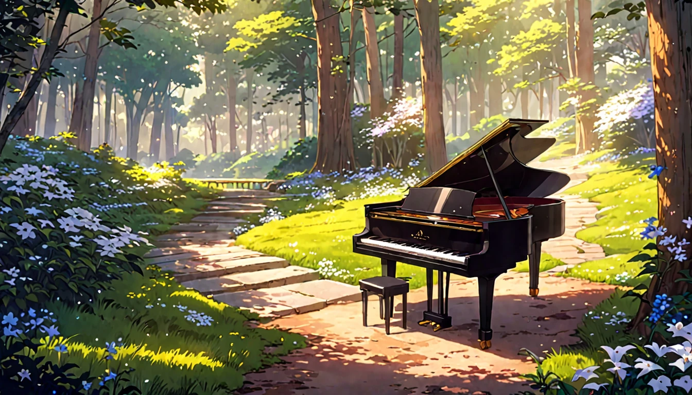 There is a piano on the forest path, Anime Background art, Beautiful peaceful scene in anime, Anime Art Wallpapers 8K, Background artwork, Anime Rush John 8k Woods, Relaxing concept art, anime nature wallpapers, anime art wallpaper 4k, anime art wallpaper 4k, arte koto no ha no niwa, Beautiful anime scenery, Anime Background、Gardenia flower