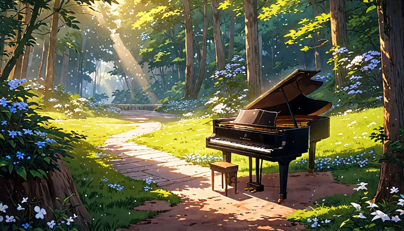There is a piano on the forest path, Anime Background art, Beautiful peaceful scene in anime, Anime Art Wallpapers 8K, Background artwork, Anime Rush John 8k Woods, Relaxing concept art, anime nature wallpapers, anime art wallpaper 4k, anime art wallpaper 4k, arte koto no ha no niwa, Beautiful anime scenery, Anime Background、Gardenia flower
