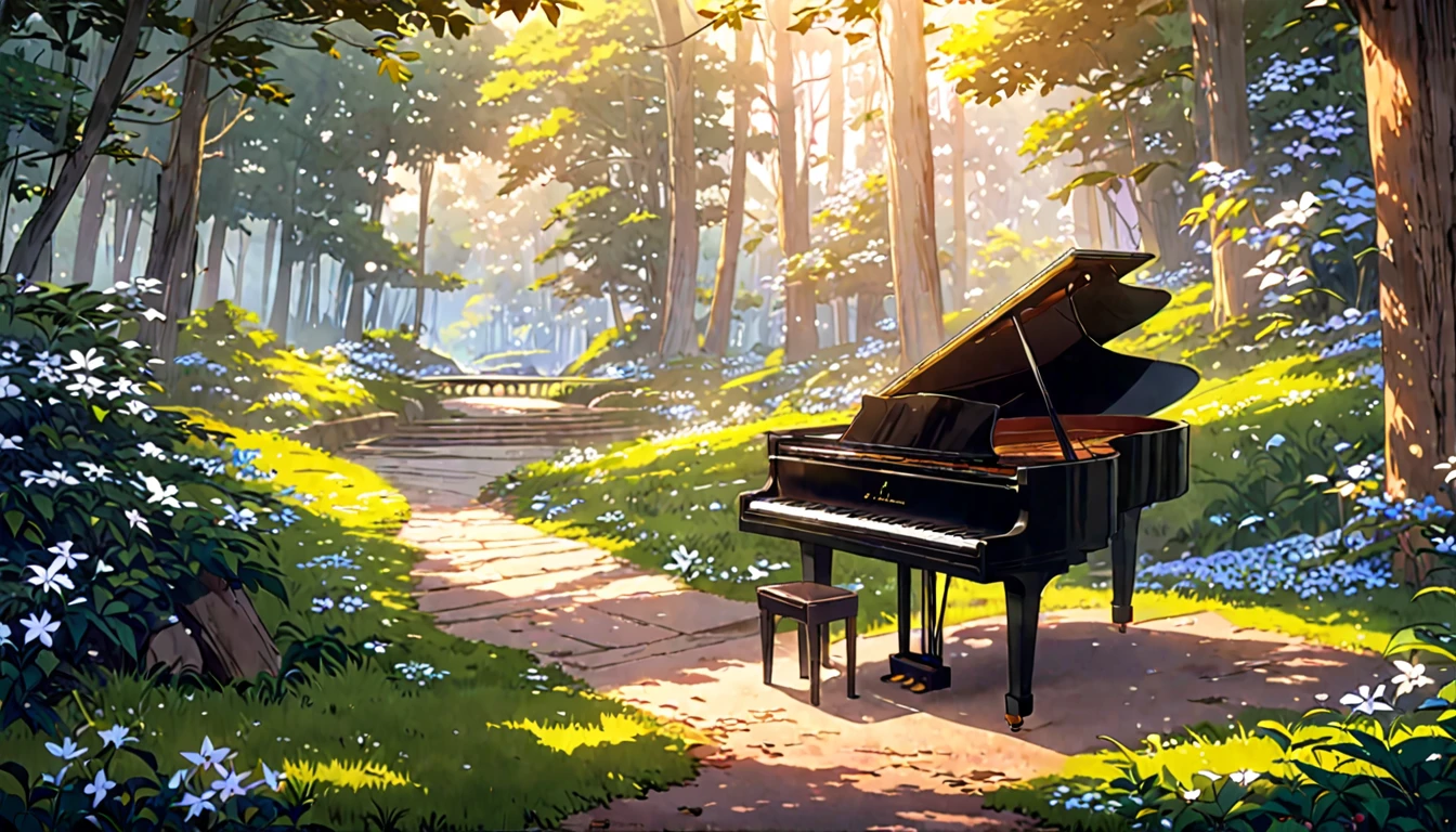 There is a piano on the forest path, Anime Background art, Beautiful peaceful scene in anime, Anime Art Wallpapers 8K, Background artwork, Anime Rush John 8k Woods, Relaxing concept art, anime nature wallpapers, anime art wallpaper 4k, anime art wallpaper 4k, arte koto no ha no niwa, Beautiful anime scenery, Anime Background、Gardenia flower
