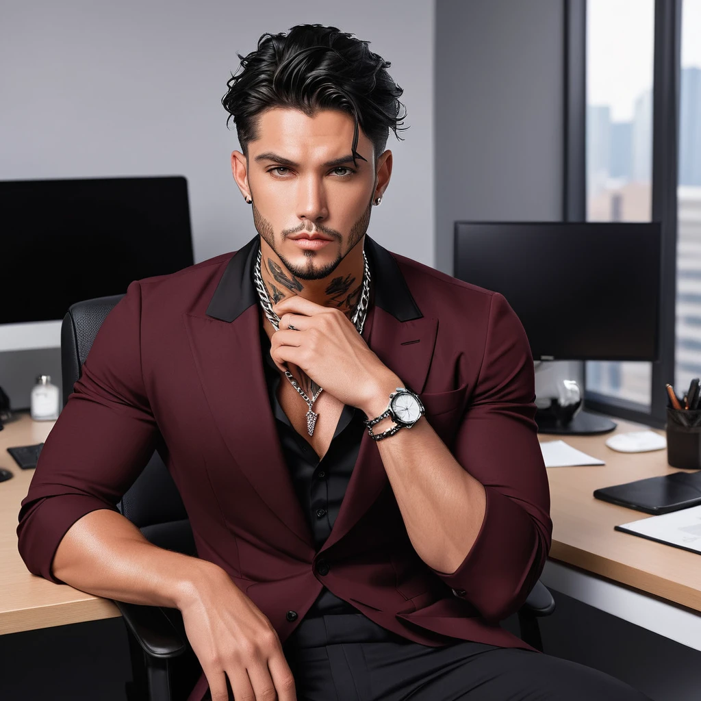 A Handsome Man. He have Broad-shouldered, athletic build. He have tousled jet black hair, lightly tanned skin tone, and Onyx black eyes, with reddish tint. He have tattoos all over his body, with well-groomed stubbles on his chin. He is clad in a tailored black suit over burgundy Single-breasted dress shirt, and slacks. A silver chain necklace adorned his neck, and silver bracelet watch adorned his left wrist, sitting in his office.