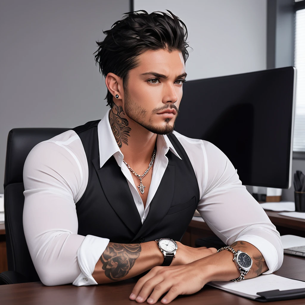 A Handsome Man. He have Broad-shouldered, athletic build. He have tousled jet black hair, lightly tanned skin tone, and Onyx black eyes, with reddish tint. He have tattoos all over his body, with well-groomed stubbles on his chin. He is clad in a tailored black suit over burgundy Single-breasted dress shirt, and slacks. A silver chain necklace adorned his neck, and silver bracelet watch adorned his left wrist, sitting in his office.