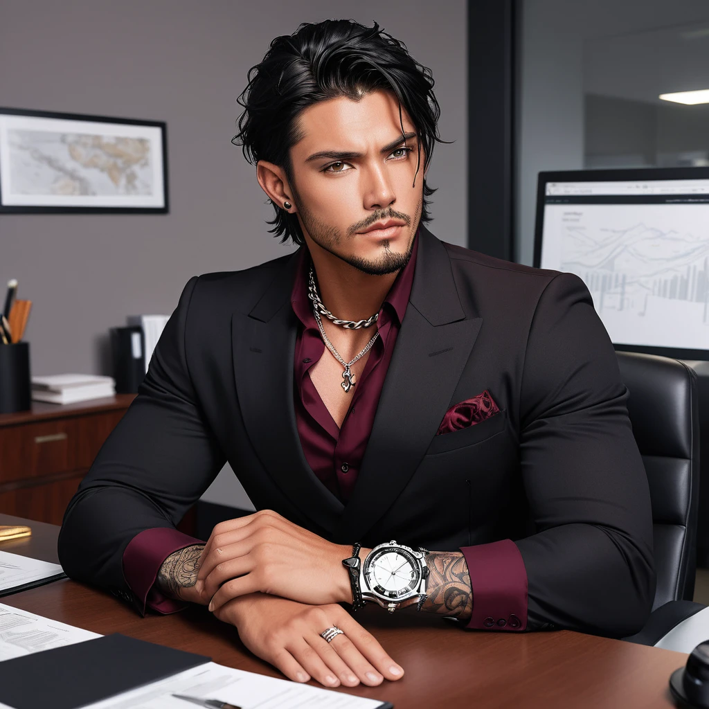 A Handsome Man. He have Broad-shouldered, athletic build. He have tousled jet black hair, lightly tanned skin tone, and Onyx black eyes, with reddish tint. He have tattoos all over his body, with well-groomed stubbles on his chin. He is clad in a tailored black suit over burgundy Single-breasted dress shirt, and slacks. A silver chain necklace adorned his neck, and silver bracelet watch adorned his left wrist, sitting in his office.