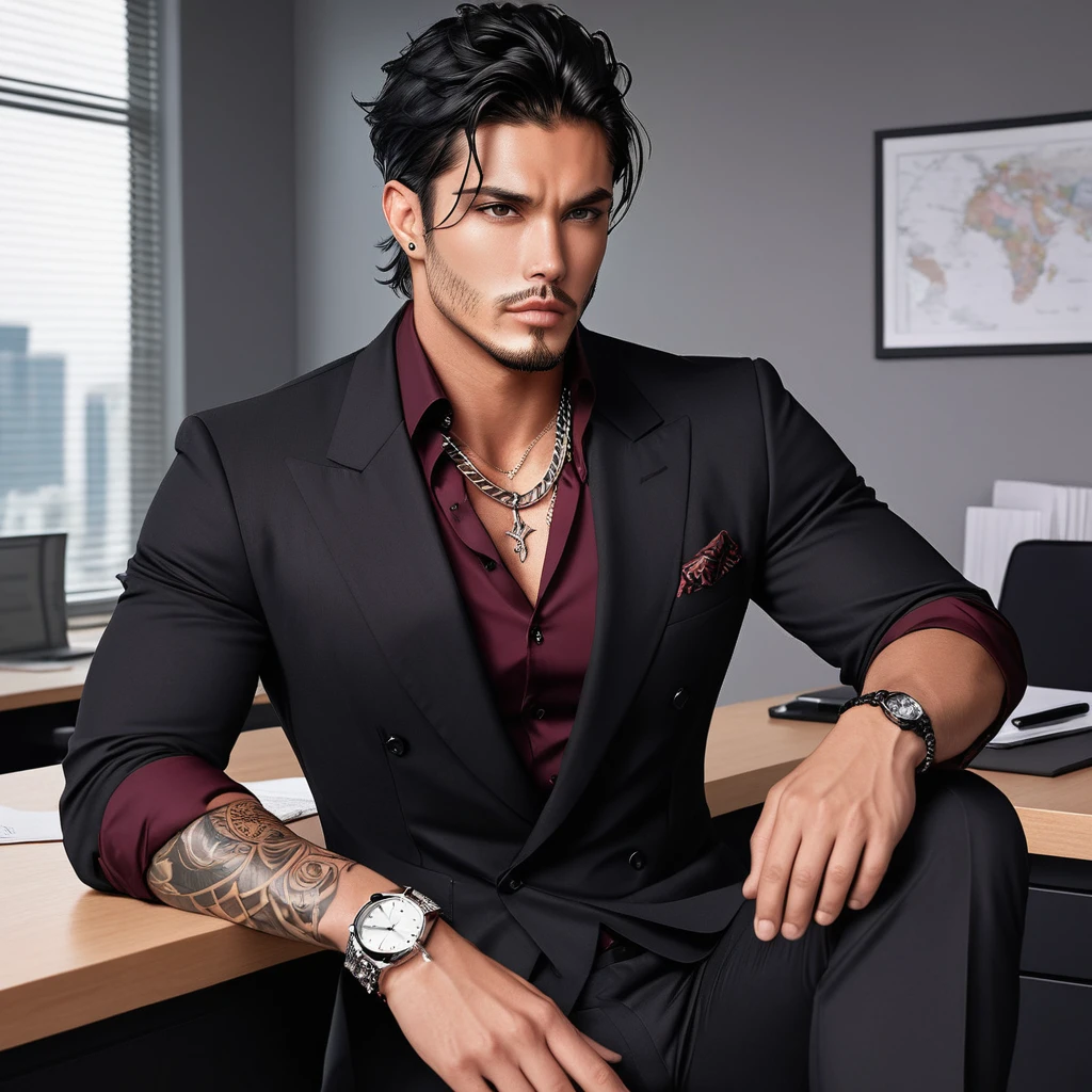 A Handsome Man. He have Broad-shouldered, athletic build. He have tousled jet black hair, lightly tanned skin tone, and Onyx black eyes, with reddish tint. He have tattoos all over his body, with well-groomed stubbles on his chin. He is clad in a tailored black suit over burgundy Single-breasted dress shirt, and slacks. A silver chain necklace adorned his neck, and silver bracelet watch adorned his left wrist, sitting in his office.