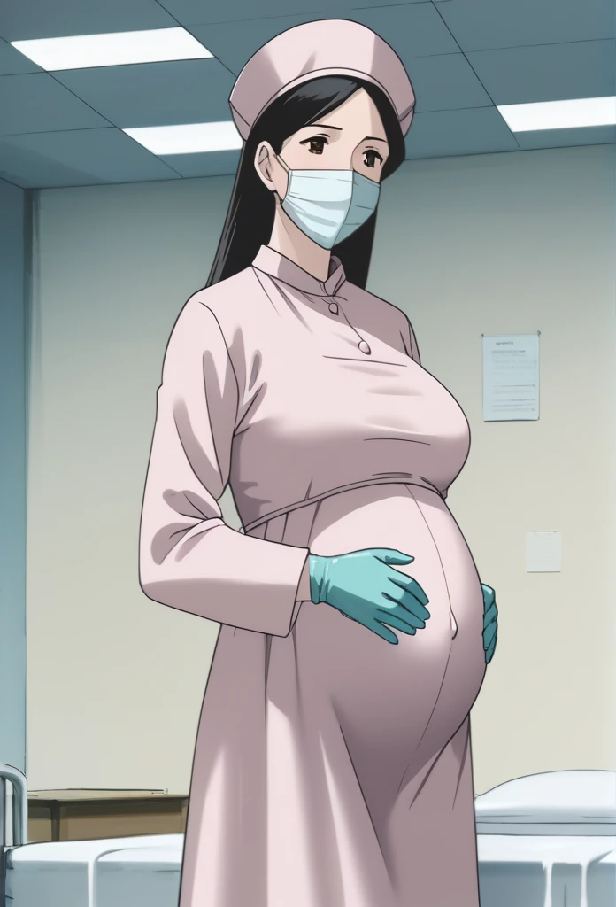 score_9, score_8_up, score_7_up, source_anime, raw image, masterpiece, highest quality, natural light, patient room background, kasuganoray, good shape, pale skin, shy eyes, big breasts, scrubs, surgical mask, surgical cap, long sleeve maternity dress,
1girl, pregnant, solo, rubber gloves, looking down, furrowed brow, hospital bed, standing, even though she's pregnant, she has a good figure