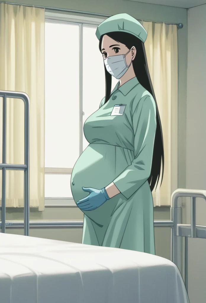 score_9,  score_8_up, score_7_up, source_anime, raw image, masterpiece, highest quality, natural light, patient room background, kasuganoray, good shape, pale skin, shy eyes, big breasts, scrubs, surgical mask, surgical cap, long sleeve maternity dress,
1girl, pregnant, solo, rubber gloves, looking down, furrowed brow, hospital bed, standing, even though she's pregnant, she has a good figure