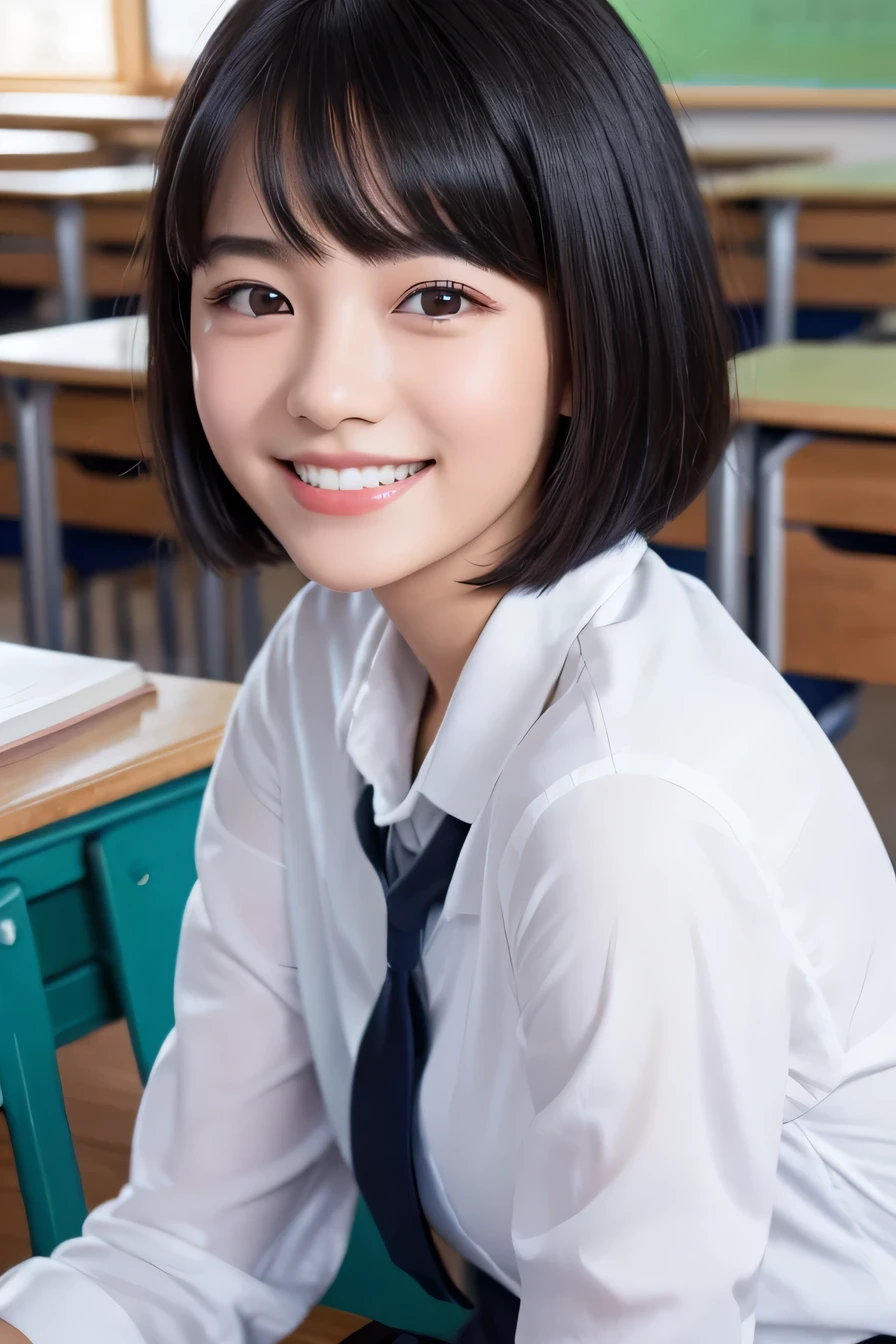 Highest quality、high school girl、 Black Hair、Short Haircut、smile、Beautiful teeth alignment、、Intricate details, Very detailed:1.2), 、 Looking into the camera,The background is the classroom
