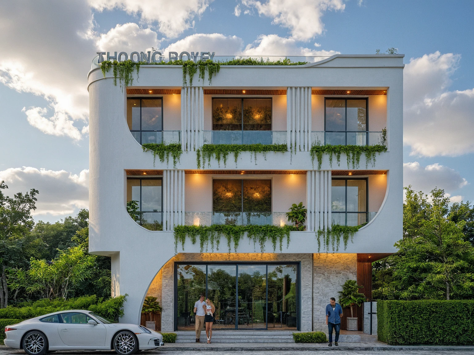 Masterpiece, high quality, best quality, authentic, super detail, outdoors, onestoreyvillaXL, aiaigroup, house style modern on the street ,stairs, white wall ,road,pavement, grass, trees, sky, cloud, (daylight:1.1)