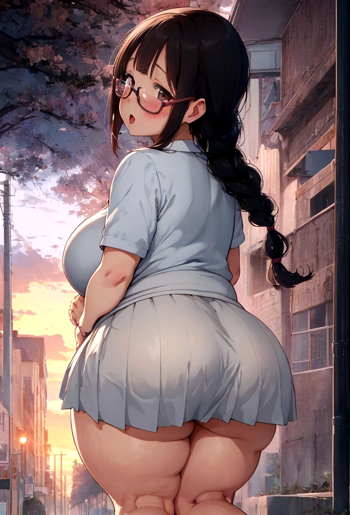 Anime girl walking down the street in a short skirt and glasses, a hyperRealistic , Gwaiz, hyperRealistic , Realistic , (SFW) Safe at Work, , artwork in the style of Gwaiz, chic, Beautiful anime girl crouching, high school girl, Anime Moe Art Style, Enchanting anime girl,(masterpiece), (One serious civil service commissioner: 1.3), (Super thick and plump body: 1.3), (Huge breasts and buttocks)), (Small Head: 1.2), (Very small uniform)), (Shiny skin: 1.2), (A speech while crouching in the stands in the schoolyard in the morning)), {fat},1boy, penis, doggystyle, from behind, spreadassms, chubby body, fat body, short,ultra detailed, masterpiece, best quality, blush, a woman, rolling eyes, open mouth, school girl, wearing , wearing glasses, classroom, sunset, light particles, hdr, brown grey hair, midium wavy hair, shiny hair, bang, single braid, clear grey eyes, Smiling Kiss, Tongue Out, アニメ ,orgasm face, sexual climax, bitch, back shot, back view, low angle, from below, back view, arched back, looking back, all fours, chubby body, BIG ASS , saliva, BBW, slender waist, anal, seiza, hands on head,white eyes, Hand Drawn, Showing Ass, Bobcut, Knee socks, (Super thick and plump body: 1.3), Butt sticking out, Close your legs, seiza, spread legs, pleated skirt, Stretch your arms back, long pleated skirt, I can't see your butt, Buttocks hide, Arms folded behind back, Super big butt, Awesome numbness , Plump , Chubby, Butt sticking out,