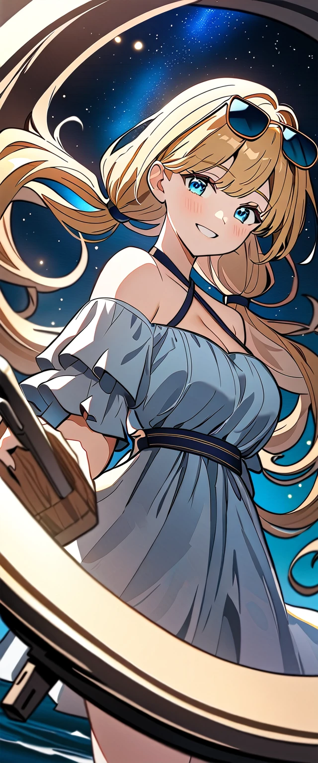 ((grin)), Eyeshadow, False eyelashes, ((off-shoulder dress:1.3, criss-cross halter)), ((white sundress)), ((cleavage)), ((high twin tails, medium hair, spiral curl hair, gradient hair, red and blond hair, hair extensions, streak)), ((sunglasses, hand to sunglasses)), (((from side))), ((((upper body)))), bare legs, (()), (((a beautiful starry sky, the Milky Way shining beautifully in the night))), ((on the very high cliff)), wavy hair, inward curled hair, ((sea, nature)), breasts, teenager, (looking at viewer), puffy long sleeves, collarbone, head tilt:1.3, (((blue eyes))), happy smile, (((anime style))), (best quality, 4K, 8K, highres, masterpiece:1.2, ultra-detailed, ultra-detailed eyes, HDR, uhd, studio lighting, ultra-fine painting, sharp focus, physically-based rendering, extreme detail description, professional, vivid colors, bokeh)