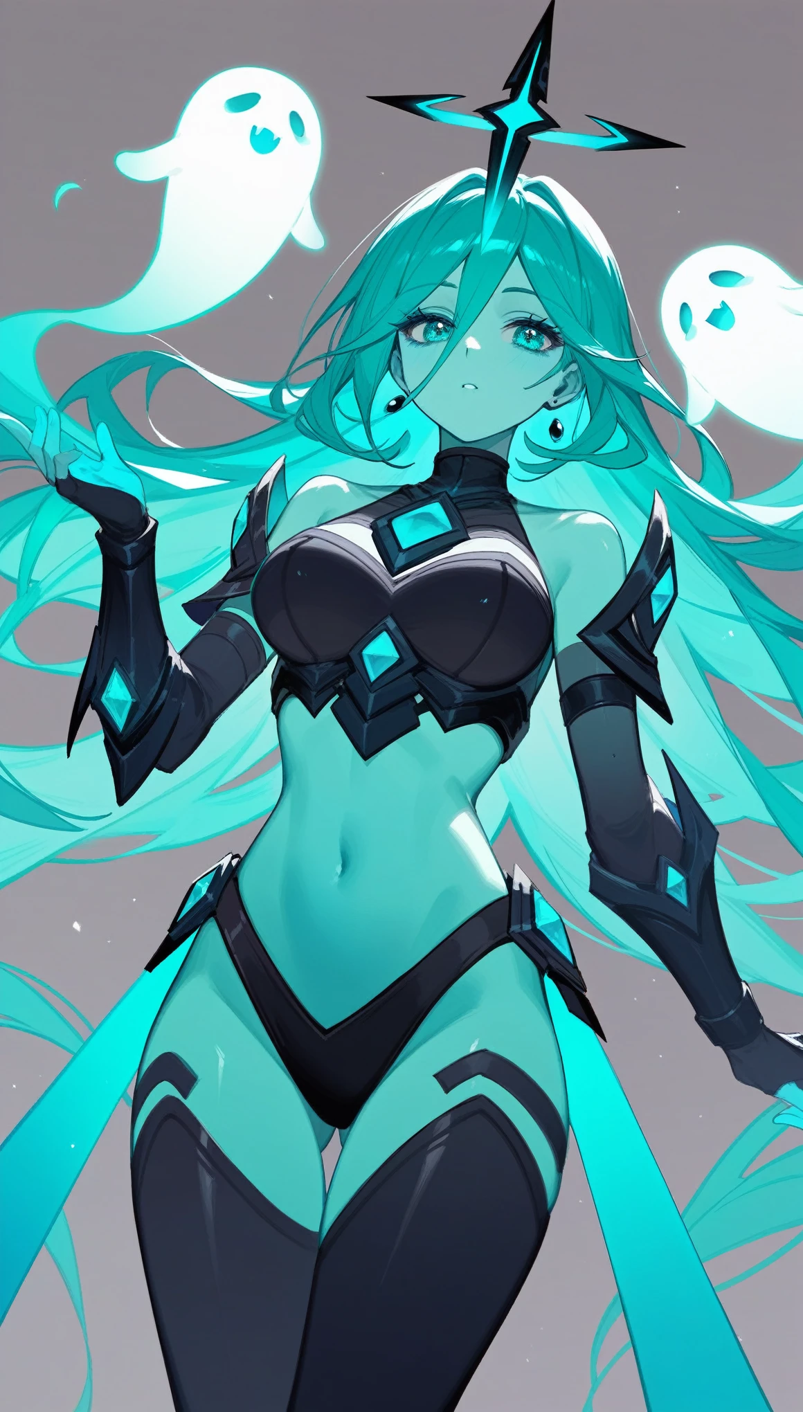 (Fraction_9,Fraction_8_Direction_7_up),1 A Ghost Woman,（（（bust）））, A beautiful woman，Ghost Knight， Foyego，Turquoise colored hair，Turquoise skin，Skin glow，League of Legends Characters，皮肤是绿色soul，Arcane，角色身体是translucent的，The broken armor on his body，The legs are also transparent，soul，translucent，