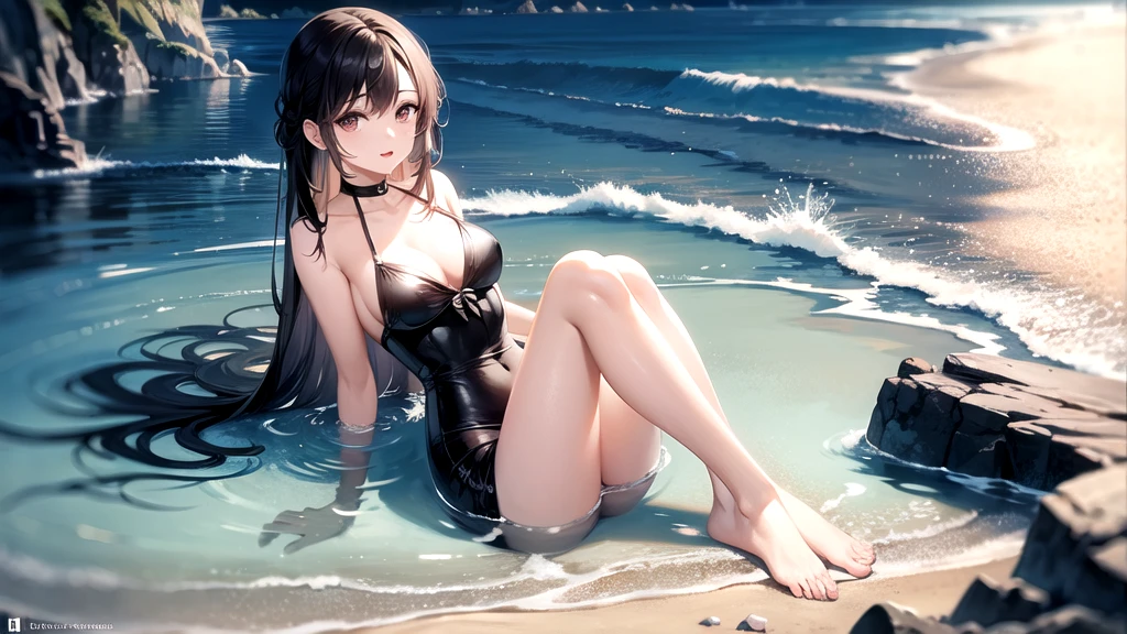 female, glad, best quality, calm atmosphere, medium shot, on the beach