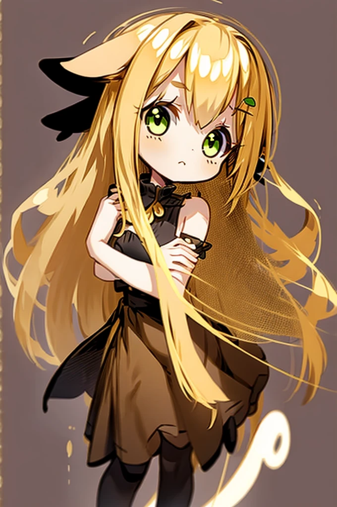 1girl with long golden hair, green eyes, floppy dog ears,emoteless face, golden dress with open shoulders. Black stockings. Chibi style, simple background, hand on chest, golden ears