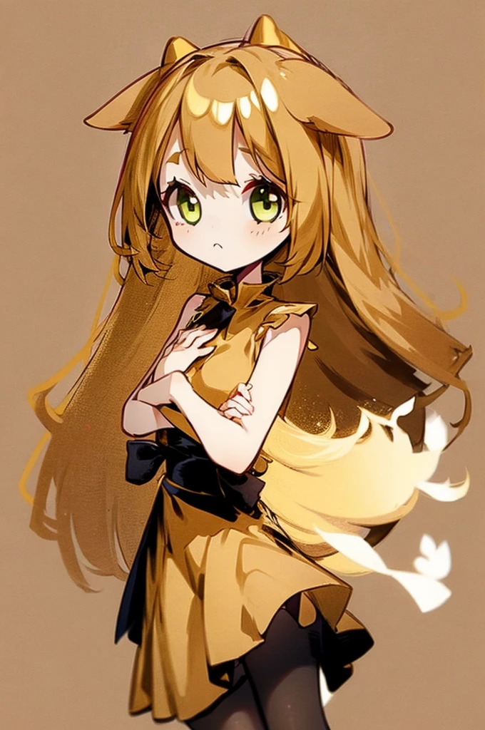 1girl with long golden hair, green eyes, floppy dog ears,emoteless face, golden dress with open shoulders. Black stockings. Chibi style, simple background, hand on chest, golden ears