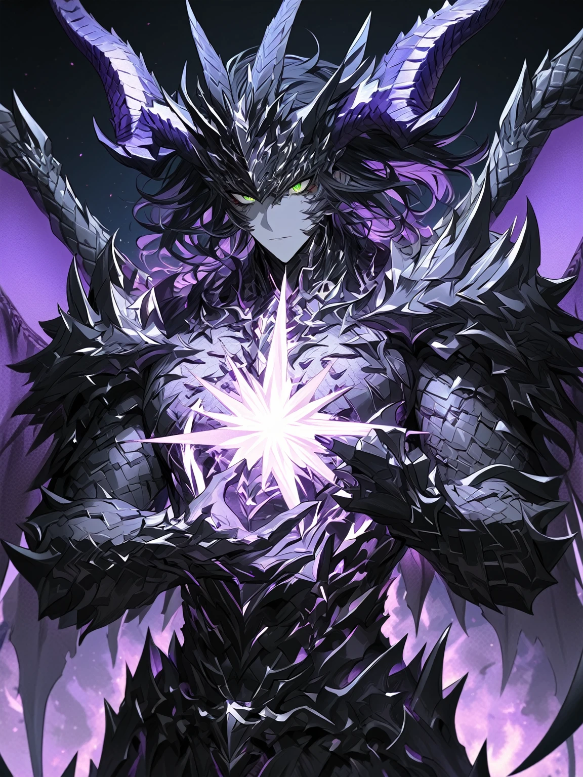 Masterpiece, Very detailed, ultra detailed, one, (1 man), man with a V-shaped body, Gray skin colour, dragon horns, two large dragon wings, full detailed dark obsidian armor with light purple details that seemed like a purple fire. Long black hair combed back, and reptile eyes that shine crimson-purple. In the style of manhwa "Omniscient Reader's Viewpoint"