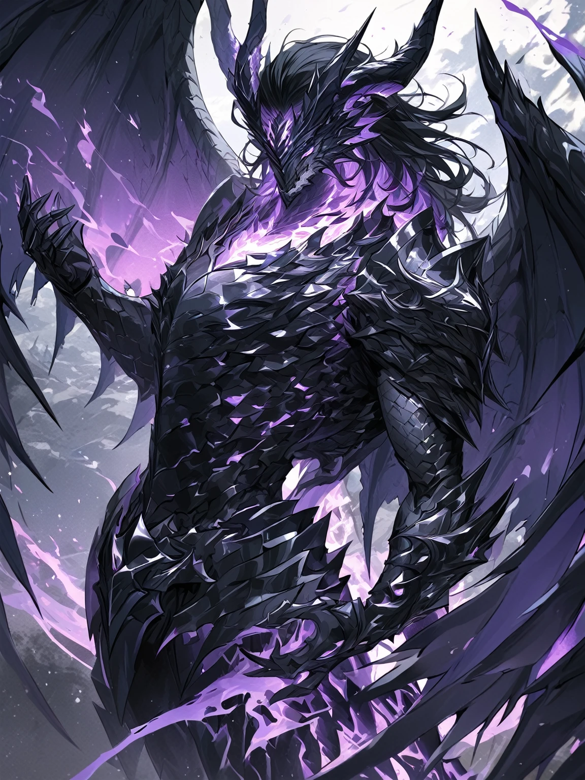 Masterpiece, Very detailed, ultra detailed, one, (1 man), man with a V-shaped body, Gray skin colour, dragon horns, two large dragon wings, full detailed dark obsidian armor with light purple details that seemed like a purple fire. Long black hair combed back, and reptile eyes that shine crimson-purple. In the style of manhwa "Omniscient Reader's Viewpoint"