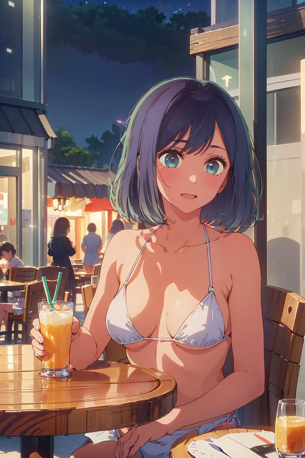 (Highest quality:1.4、masterpiece:1.4、Super detailed:1.4、8K:1.4)、((((1 person、Surprised expression、sit、Outdoor café terrace、coastal、juice、table、Sandy Beach、juiceのグラスを持つ、Micro Bikini、Very soft boobs、Big eyes、Very cute face))))、(moonlight:1.4、at night:1.4)、F cup bust、Medium breast、Underboob