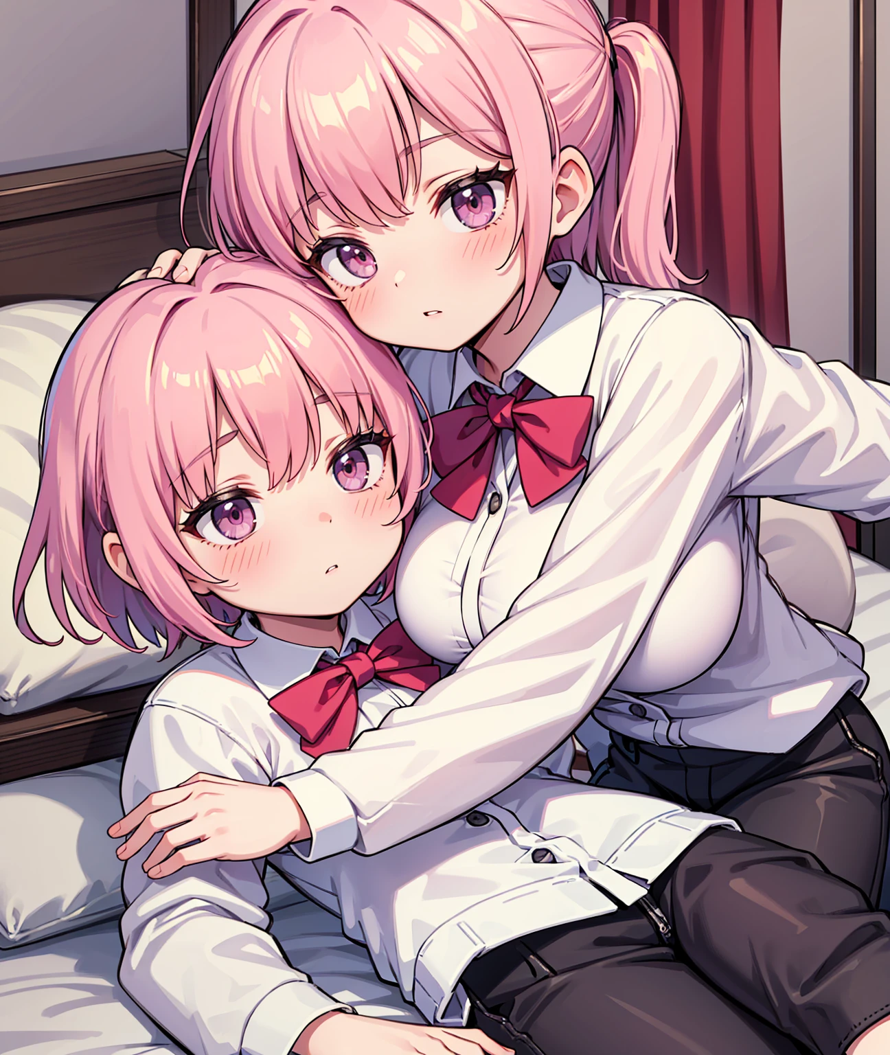 masterpiece, Highest quality, so beautiful, absurdists,High resolution,One girl, One boy,Cuddling in bed, like,sexly,Look at each one, blush,Age difference,bow tie,blondes,chest,Long Hair,Pink Hair,Tucked in shirt,short hair,skirt,Tent shirt,Slut,Big breasted sister and brother,Siblings, trousers,Pushing her big tits against her brother,My brother's penis erect in his trousers,(My brother's small erect penis),((((姉のHUGE breasts,Sister crushes her big tits in her brother's face))))
