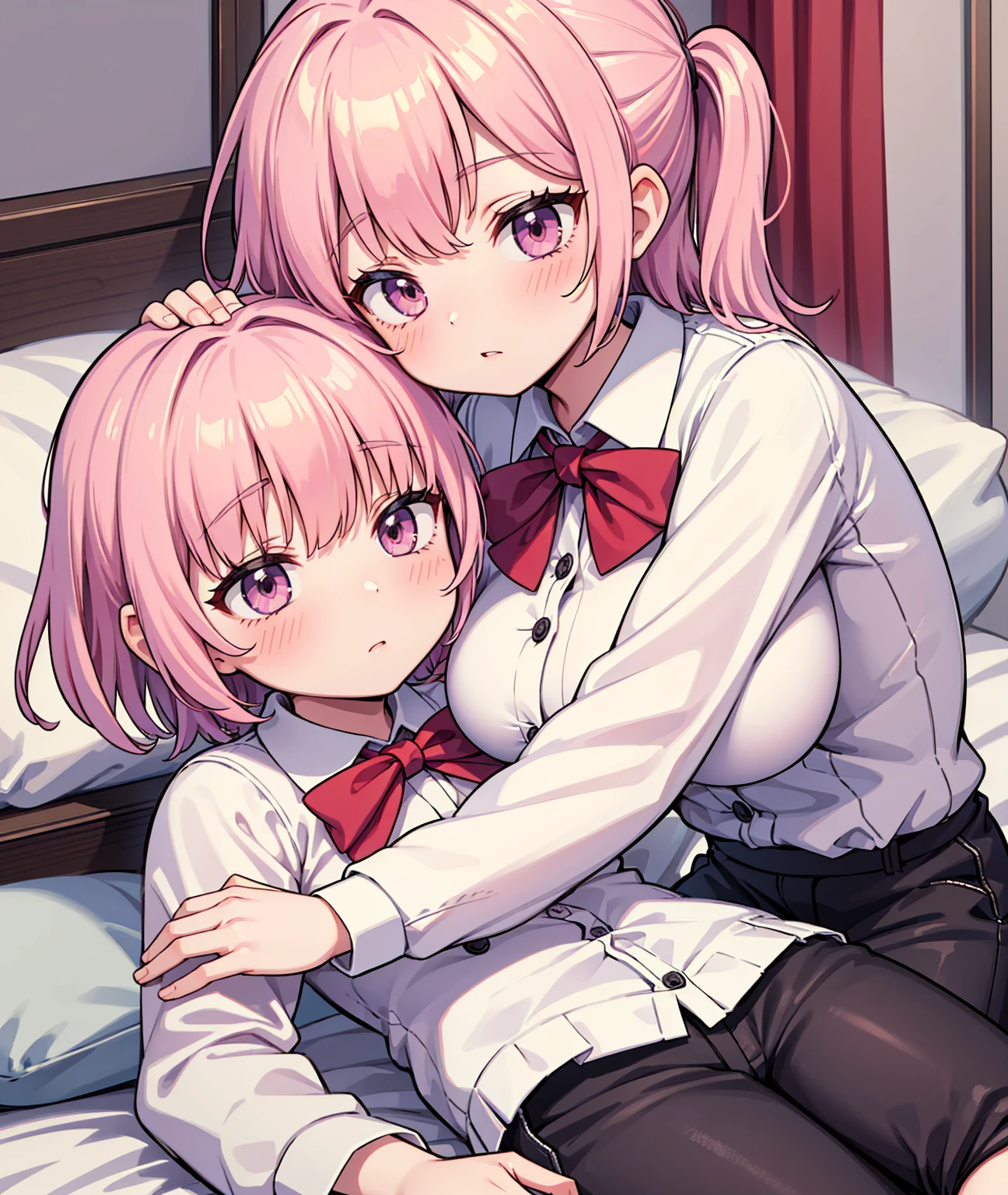 masterpiece, Highest quality, so beautiful, absurdists,High resolution,One girl, One boy,Cuddling in bed, like,sexly,Look at each one, blush,Age difference,bow tie,blondes,chest,Long Hair,Pink Hair,Tucked in shirt,short hair,skirt,Tent shirt,Slut,Big breasted sister and brother,Siblings, trousers,Pushing her big tits against her brother,My brother's penis erect in his trousers,(My brother's small erect penis),((((姉のHUGE breasts,Sister crushes her big tits in her brother's face))))
