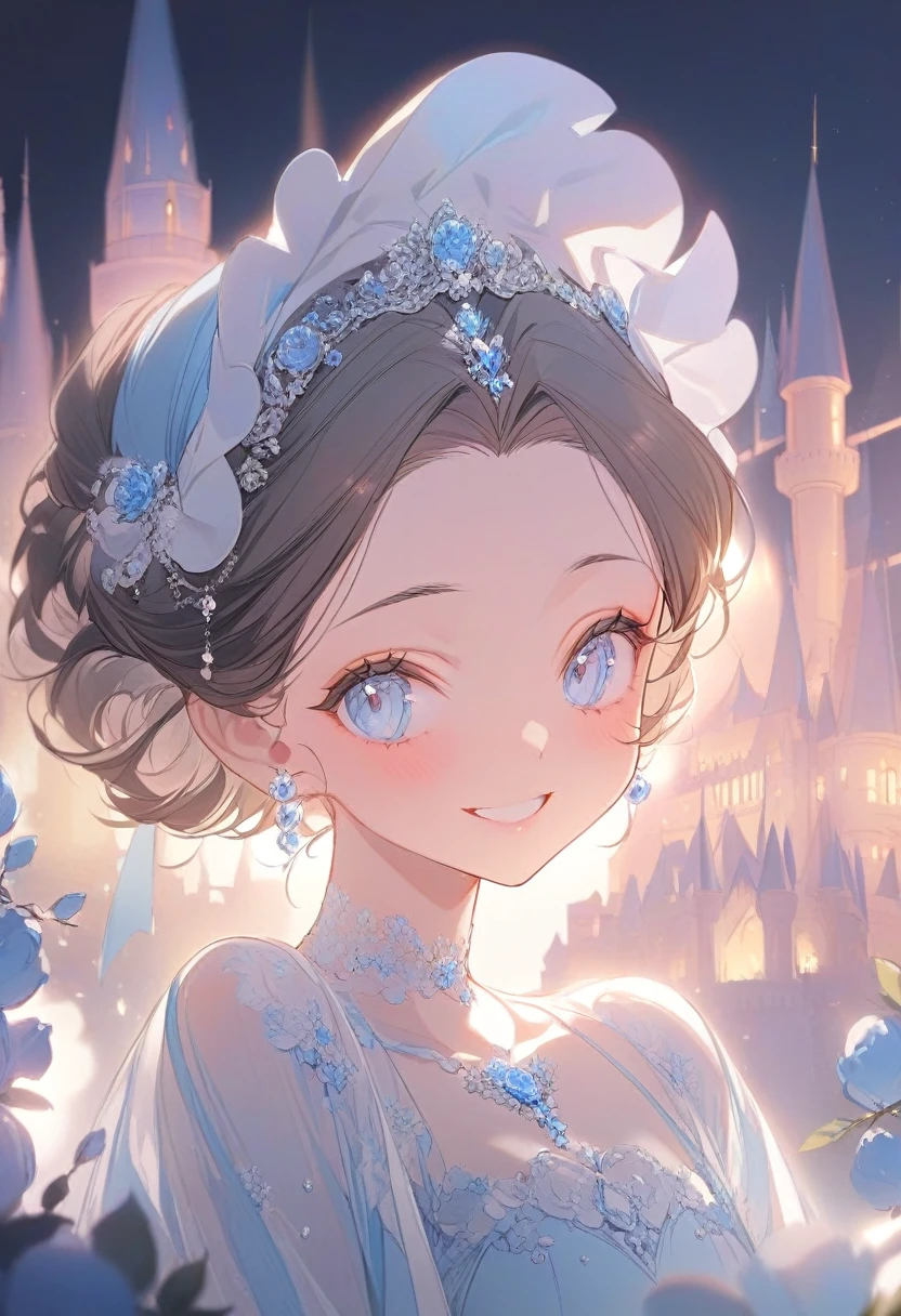 ( best quality:1.2), 1 Girl, forehead,Solitary, Skin details, Beautiful facial features, fluffy dark hair, Eye details, he is 20 years old,wearing a beautiful dress,upper body, choker,head dress,((castle)),luxury room,.(big smiling).((baby-blue  theme))),kindness,soft focus,white soft lighting
