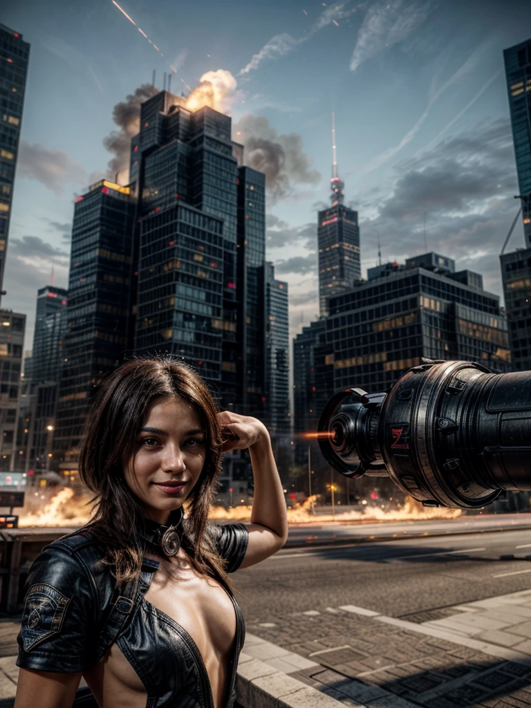 two space pirates posing and smiling before burning futuristic city, smoky dark sky, explosives and shot at the background, intricate details, cinematic light, brilliant render quality, unreal engine 5, burning skyscrapers in the background