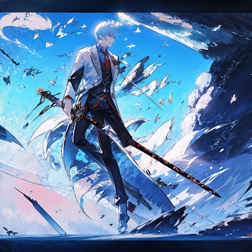 masterpiece , best quality , man , suit , White , ice , sword , anime , sky , glass , cool , king,