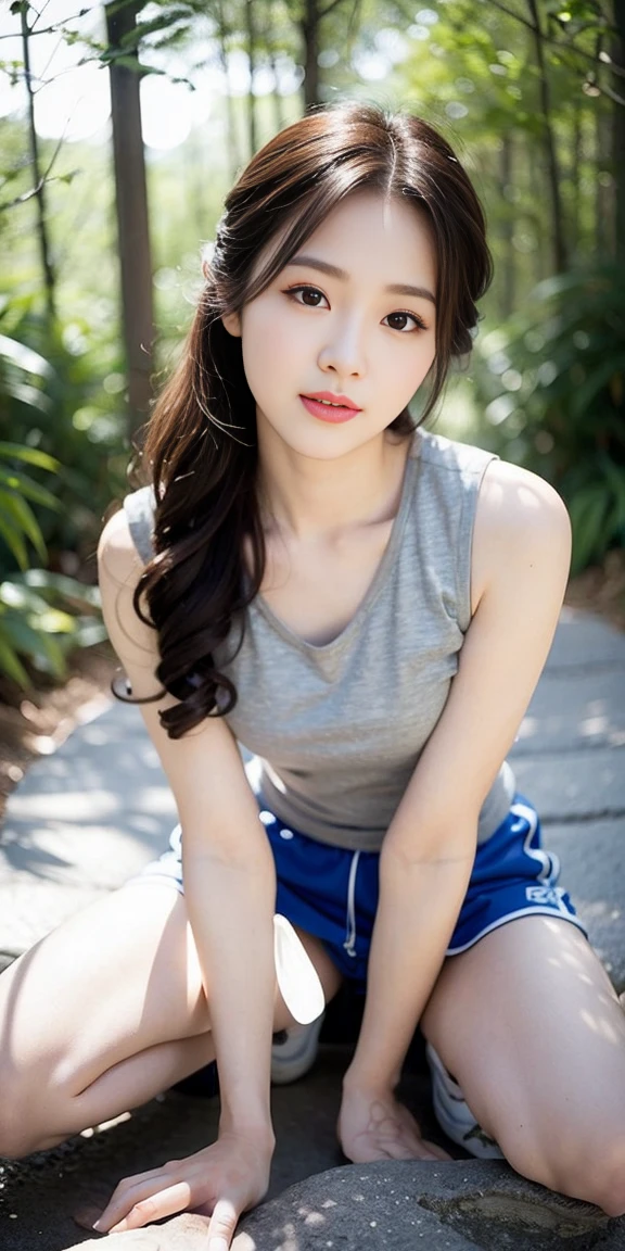 masterpiece, best quality, Surreal, Ultra Detailed, 8k resolution, RAW photos, Clear focus, (A girl in the forest), ((light gray shirt:1.1)), Short sleeve, sports Shorts,Full body posture, Solitary, Perfect body, Become a, 32 inches in the chest,(a charming smile:1), (sexy pose),26 years old, light,White shoes,Playful and flirty pose,The calves are straight and thin:1.5,Wear high-end brand colored sneakers:1.5, Solitary, Perfect body, Perfect body, Bangs to eyebrows、Beautiful brown hair、Beautiful and delicate eyes、Brown eyes、Raise an eyebrow、Bangs to eyebrows、Beautiful brown hair、Beautiful and delicate eyes、Brown eyes、Raise an eyebrow、High Nose、Small nostril、Little mouth、Tempting lips、Mouth slightly open、Beautiful breasts、Full body、Oval face,Phoenix Eyes,Eyebrow, Double eyelids, Long eyelashes, A faint smile, full-body shot:1.2,She has a pair of eyes as clear as water,Eyebrows are like distant mountains,Creamy skin,唇如点樱 A faint smile