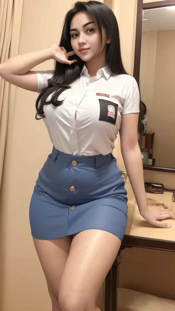a girl in the middle of hotel bed, long shot view, (Indonesian_high_school_uniform), detailed face, detailed eyes, thick huge breasts, detailed skin, looking at Viewer, clear light, (8k, RAW photo, best quality, masterpiece: 1.4), (realistic, realistic: 1.37), ultra-high resolution, photorealistic, high resolution, solo, wide muscular hips, realistic face, (detailed face), sexy pose, black hair Color, (busty), clean armpit, six pack belly, large breasts, 19-years-old-girl, perfect thighs, muscular thighs, muscular arms, sitting on hotel bed with legs out, wearing sexy blue grey short skirt, wearing white closed-button tight shirt, asian goddess, long hair, perfect hairstyle, muscular belly, thick wide muscular hips, muscular arm, curvy body, tall body, smooth body, smooth legs, smooth skin, long shot view, low angle shot, medium distance from viewer