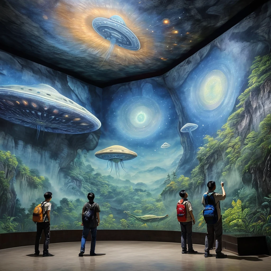 Explorers looking at cave murals. The murals depict aliens and UFOs.、The mysterious picture is more realistic and clearer than the one shown