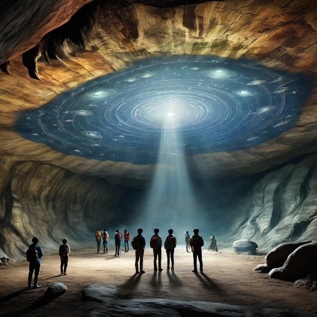 Explorers looking at cave murals. The murals depict aliens and UFOs.、The mysterious picture is more realistic and clearer than the one shown