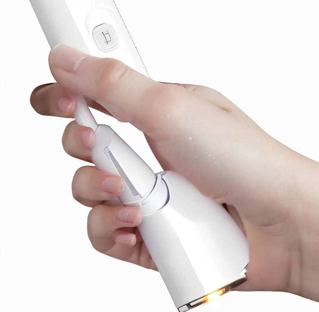 Someone is holding a white electric toothbrush, With accurate features, smooth technology, Ultra-high detail, product photo, Extremely detailed, Extremely detailed, Focus like a laser