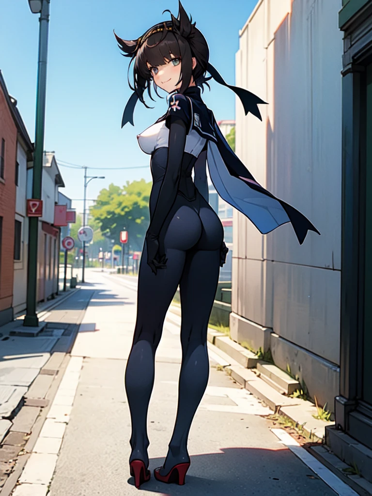 masterpiece, best quality, highly detailed, high quality, very_high_resolution, large_filesize, full color, 1girl, full body, full-length figure, standing, picture only, looking at viewer, make the eyes the same shape and color on both sides, nsfw, street, town, outdoor, arms behind back, hatsuzuki, short hair, hair flaps, black bodysuit, hachimaki, Full Body Tights, blue sky, smile, looking at viewer