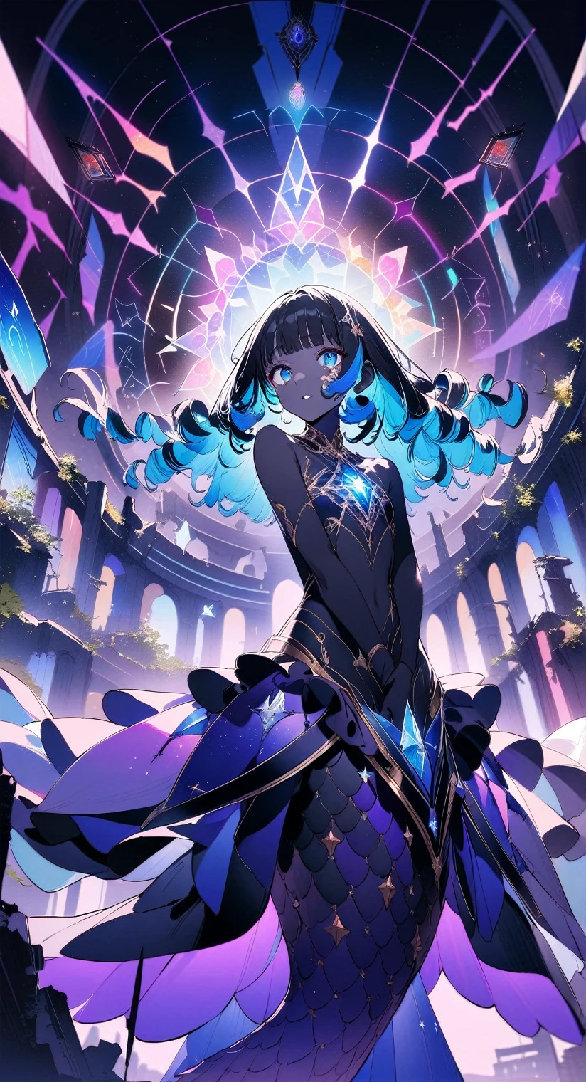 ((close-up)), One, masterpiece, Best quality, very aesthetic, absurdity, hello world, (Yoneyama Mai:1.4), (quasar cake:1.2), ((parted lips)), 1 girl, detailed lighting, rendered, Beautiful eyes, Perfect hair, detailed face and body,
((Black skin)), , scales on the face, White Mermaid Tail, mermaid ears, hime cut his bangs, Curly hair, (((neon hair))),
floating in space, the ruins of the Star Citadel drift between colorful nebulae and fields of twinkling stars.. Shattered crystal structures reflect light from distant quasars, creating a kaleidoscope of cosmic colors. Arches and towers, decorated with ancient runes and constellations, levitate, held together by mysterious energy. asteroids, covered with alien vegetation, form hanging gardens, where glowing plants grow in a symphony of blue and purple. Spatial portals, framed by the rubble of ruins, open to unknown worlds, their outlines pulsate with astral energy. The cosmic silence is interrupted by the gentle rustle of the solar winds, creating an atmosphere that is both majestic and ethereal.