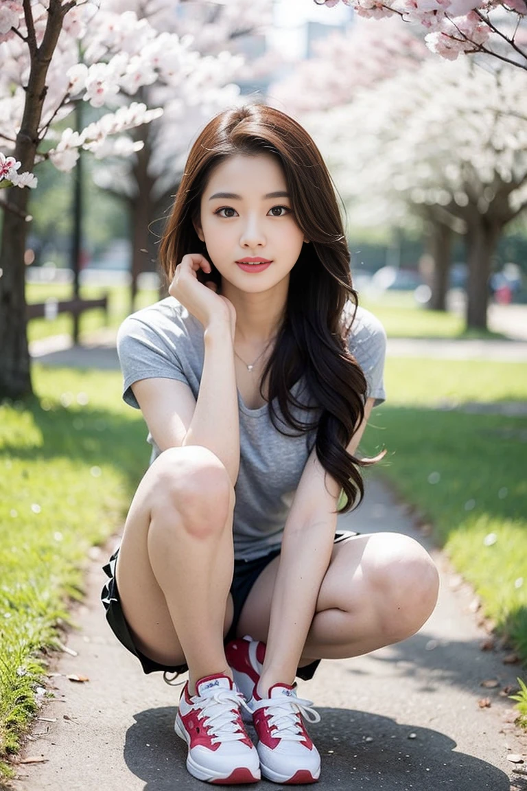 masterpiece, best quality, Surreal, Ultra Detailed, 8k resolution, RAW photos, Clear focus, (A girl in the forest), ((light gray shirt)), sleeveless, sports Shorts,, Solitary, Perfect body, Perfect body, Playful and flirty pose,((The calves are straight and thin,Wear high-end brand colored sneakers,)),Bangs to eyebrows、Beautiful brown hair、Beautiful and delicate eyes、Brown eyes、Raise an eyebrow、Bangs to eyebrows、Beautiful brown hair、Beautiful and delicate eyes、Brown eyes、Raise an eyebrow、High Nose、Small nostril、Little mouth、Tempting lips、Mouth slightly open、Beautiful breasts、Full body、Oval face,Phoenix Eyes,Eyebrow, Double eyelids, Long eyelashes, A faint smile, ,,Half-length photo of her with a pair of clear eyes,Eyebrows are like distant mountains,Creamy skin,Lips like cherry blossoms。Her beauty is not only in appearance,It's more about her fragile yet tenacious temperament,Like a hibiscus flower swaying in the wind,It's pitiful, A faint smile,
32 inches in the chest,(a charming smile:1), (sexy pose),26 years old, light,White shoes,